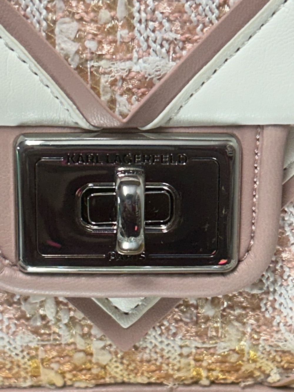 Karl Lagerfeld Blush Pink and White Tweed Chain Shoulder Bag - Picture 6 of 16